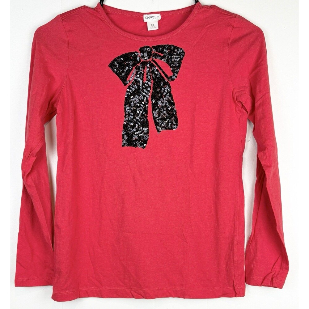 J Crew Crewcuts Long Sleeve Red Bow Sequin Shimmer Holiday Christmas Shirt, 12